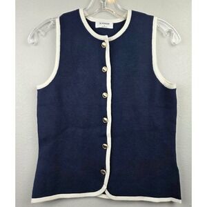 The Workshop Navy Blue White Trim Knit Button Front Vest Gold Buttons Size Small